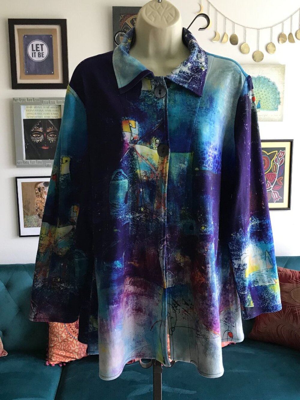 UBU Blue Purple Yellow Art To Wear Print Reversible Artsy Jacket O/S